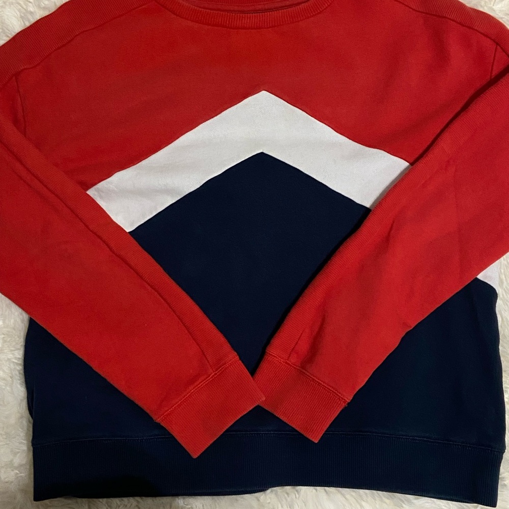 Red white and blue crewneck with stripe design